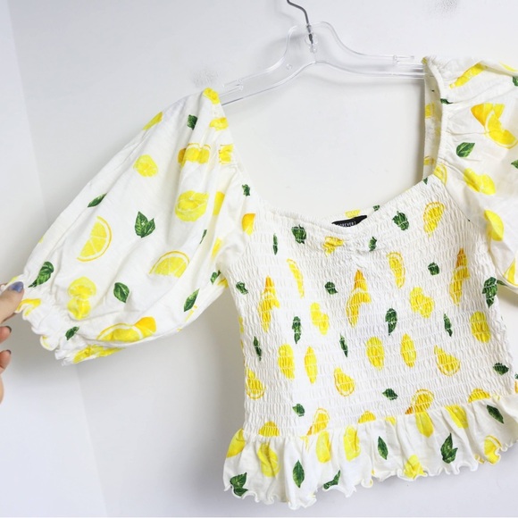 NWT Forever 21 Smocked Lemon Print cropped top cottagecore 100% cotton S novelty - Picture 7 of 9